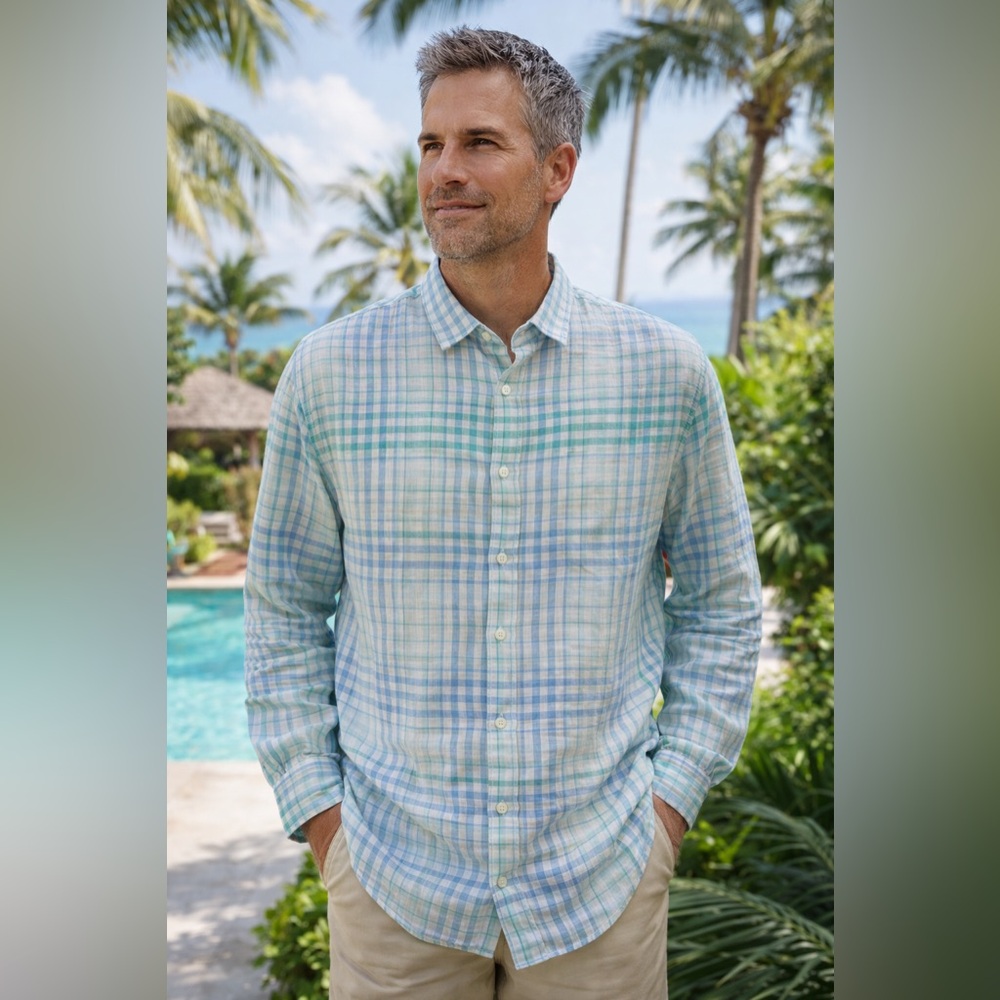 Tommy Bahama 100% Linen Blue Green Plaid Shirt Mens 2XL Long Sleeve Casual